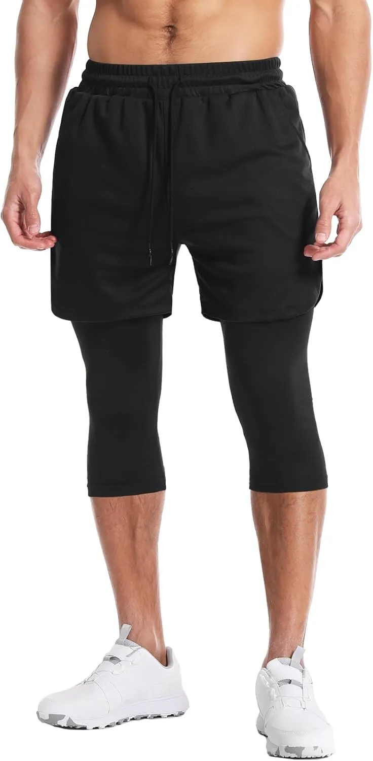 Aolesy Men's 2 in 1 Running Compression Pants, Black, High Rise, Athletic Tapered