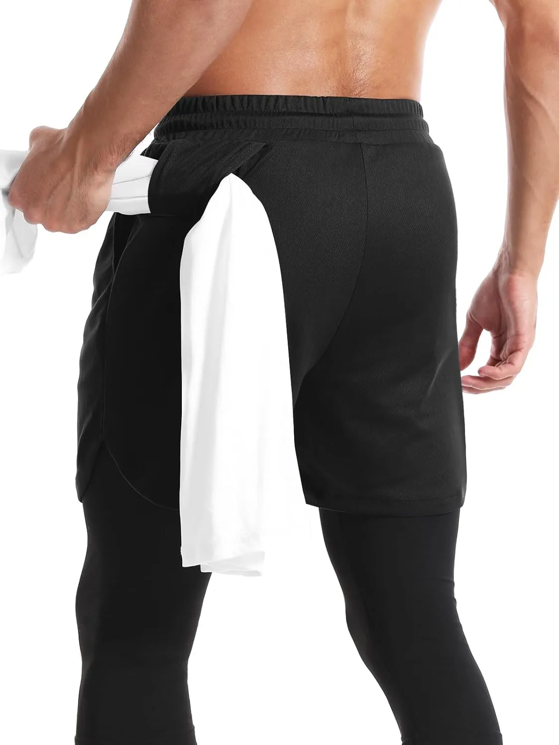 Aolesy Men's 2 in 1 Running Compression Pants, Black, High Rise, Athletic Tapered