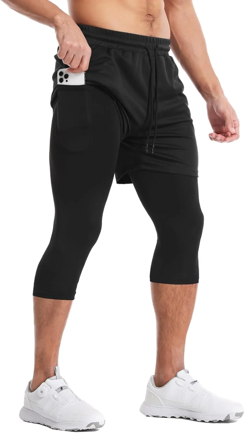Aolesy Men's 2 in 1 Running Compression Pants, Black, High Rise, Athletic Tapered