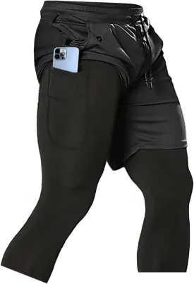 Aolesy Men's 2 in 1 Running Compression Pants, Black, High Rise, Athletic Tapered