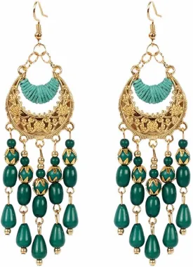 ASHMITA Vintage Bohemian Beaded Red Tassel Earring Layered Drop Dangle Earrings Green Ethnic Chandelier Boho Beads Earrings Jewelry for Women