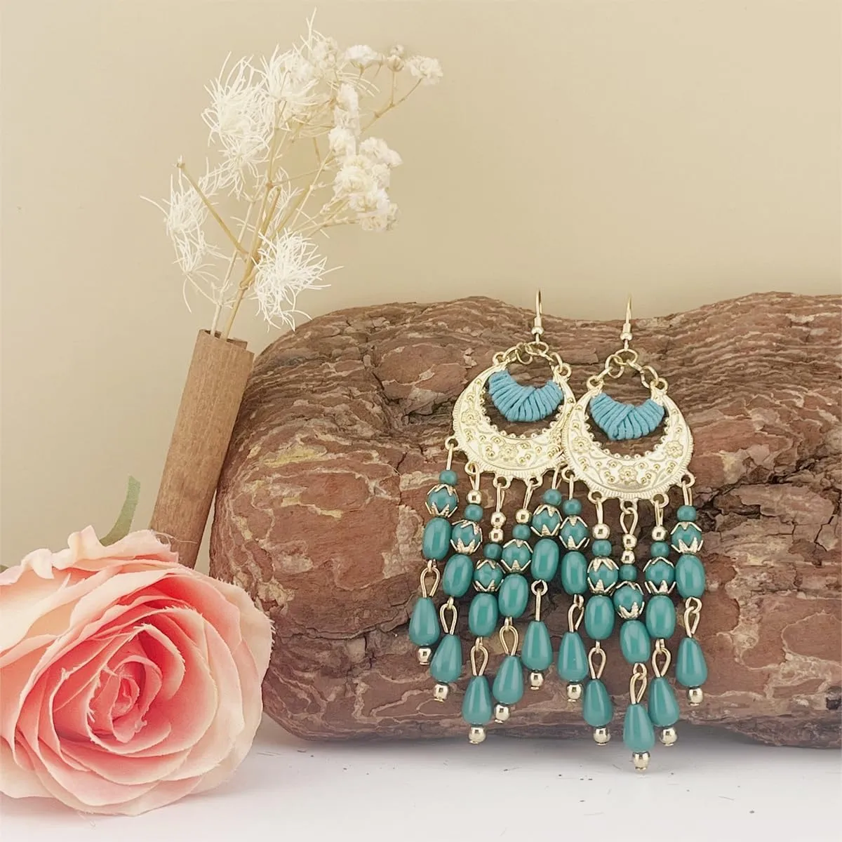 ASHMITA Vintage Bohemian Beaded Red Tassel Earring Layered Drop Dangle Earrings Green Ethnic Chandelier Boho Beads Earrings Jewelry for Women