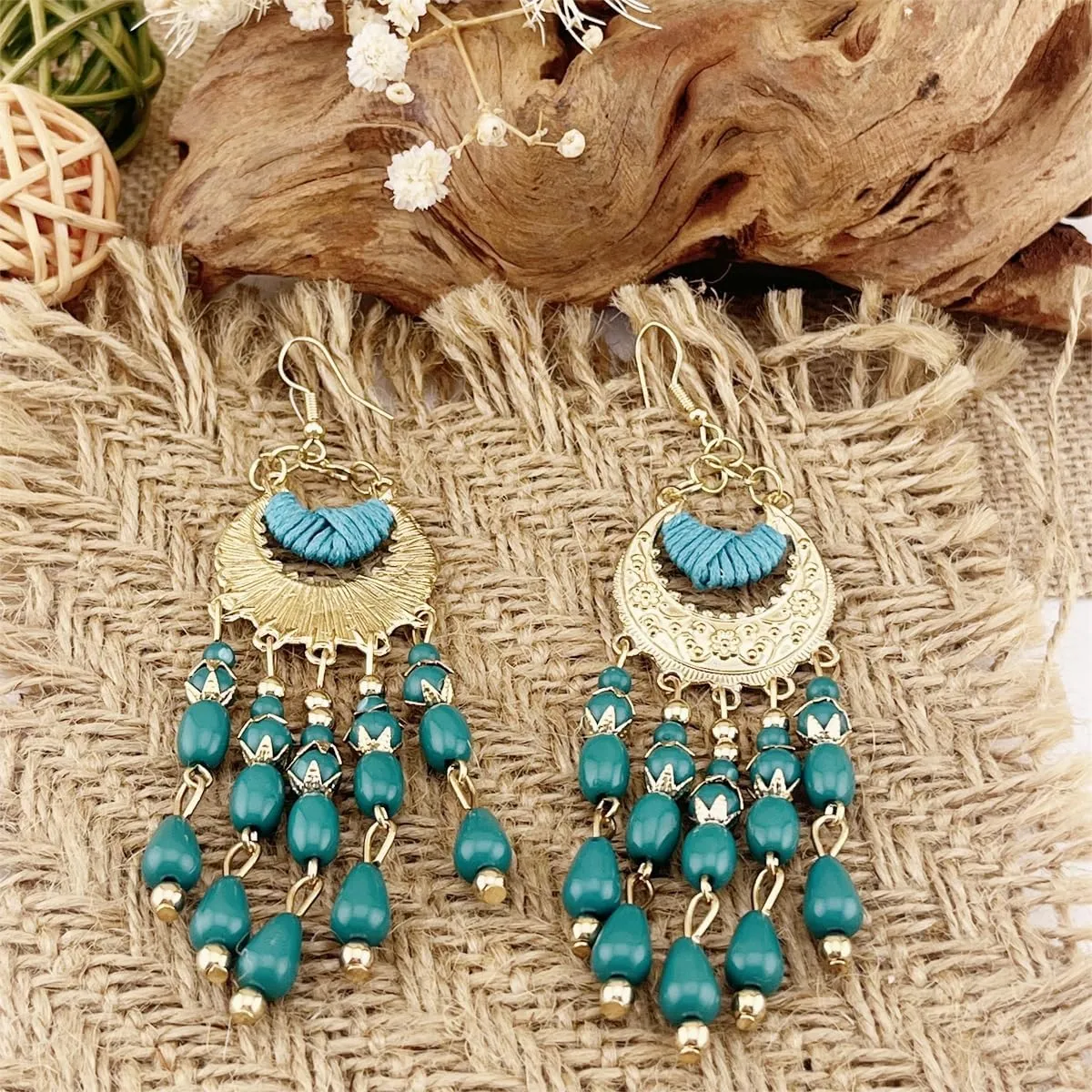 ASHMITA Vintage Bohemian Beaded Red Tassel Earring Layered Drop Dangle Earrings Green Ethnic Chandelier Boho Beads Earrings Jewelry for Women