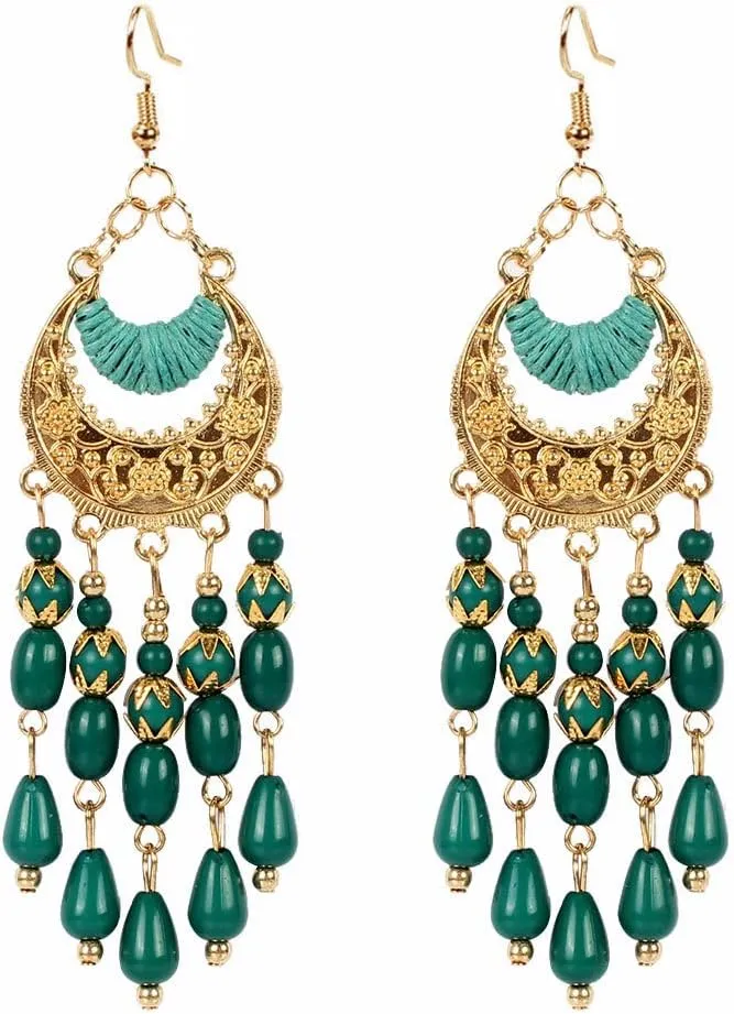 ASHMITA Vintage Bohemian Beaded Red Tassel Earring Layered Drop Dangle Earrings Green Ethnic Chandelier Boho Beads Earrings Jewelry for Women