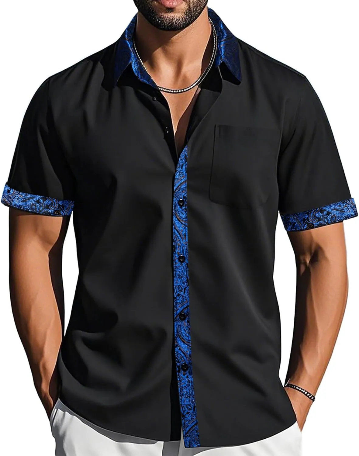 Barry.Wang Men's Short Sleeve Linen Shirts Casual Summer Button Down Business Formal Polyester Shirt Regular Wedding Party