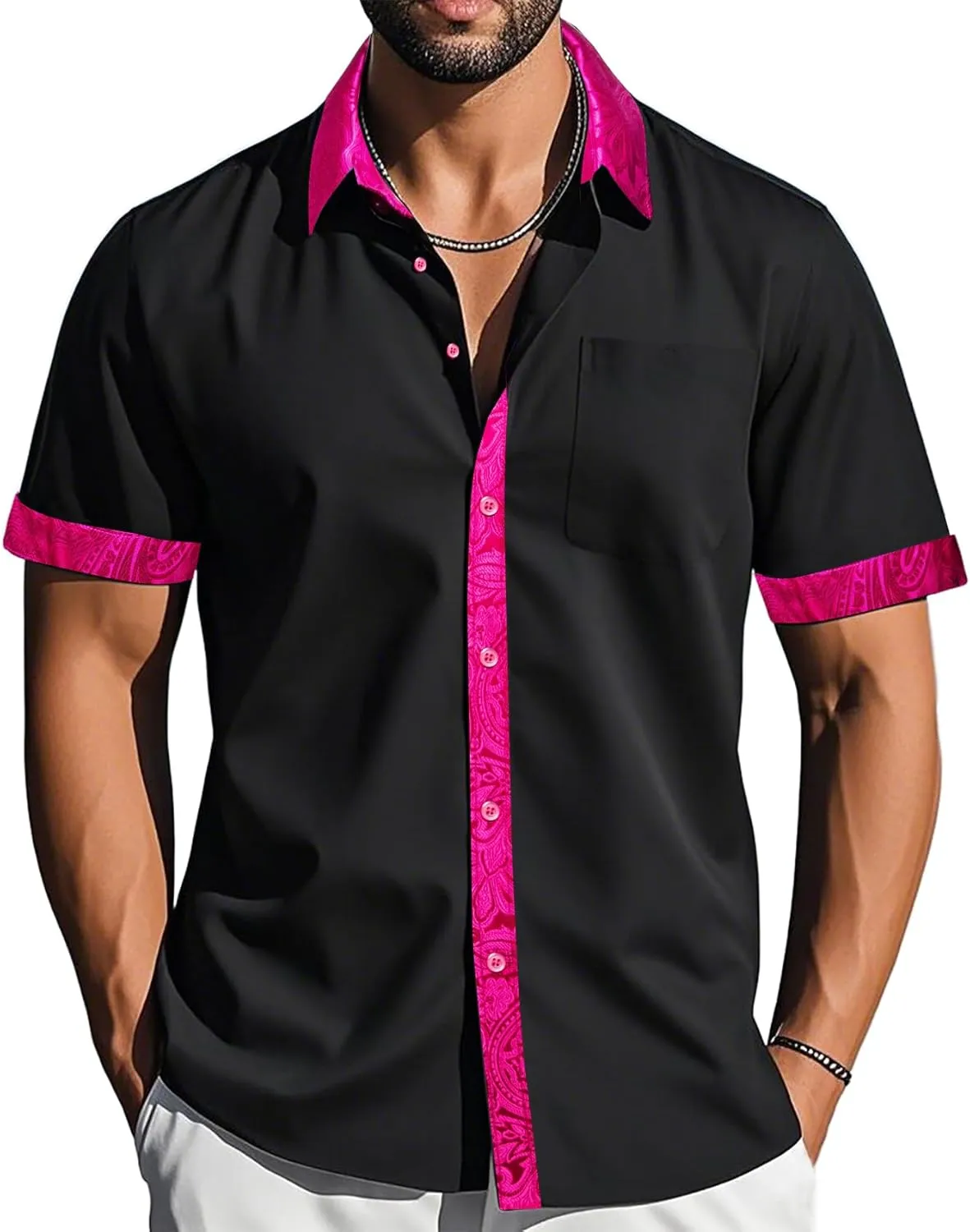 Barry.Wang Men's Short Sleeve Linen Shirts Casual Summer Button Down Business Formal Polyester Shirt Regular Wedding Party
