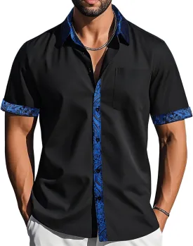 Barry.Wang Men's Short Sleeve Linen Shirts Casual Summer Button Down Business Formal Polyester Shirt Regular Wedding Party