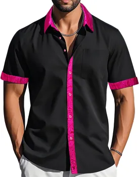 Barry.Wang Men's Short Sleeve Linen Shirts Casual Summer Button Down Business Formal Polyester Shirt Regular Wedding Party
