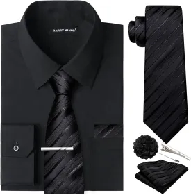 Barry.Wang Solid Colors Mens Dress Shirt and Tie Set Formal Business Wedding Shirts Long Sleeve Button Down Casual 6PCS