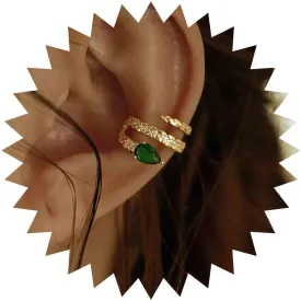 Boho CZ Emerald Circle Cuff Earring - Gold Wide Ring Helix, Green Crystal Non-Pierced Clip-on, Minimalist Earcuff for Women