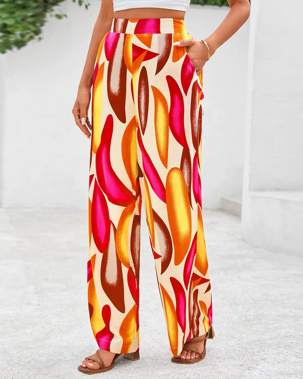 BTFBM Women's Wide Leg Summer Pants 2025 Loose Boho Vacation Trousers Elastic Waist Printed Palazzo Lounge Pant Pockets