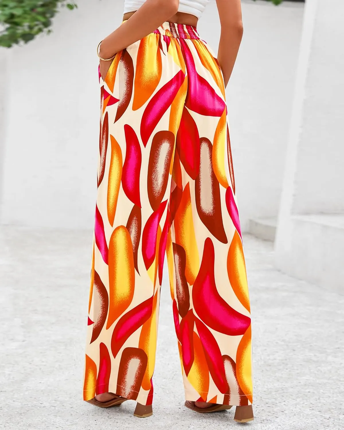 BTFBM Women's Wide Leg Summer Pants 2025 Loose Boho Vacation Trousers Elastic Waist Printed Palazzo Lounge Pant Pockets