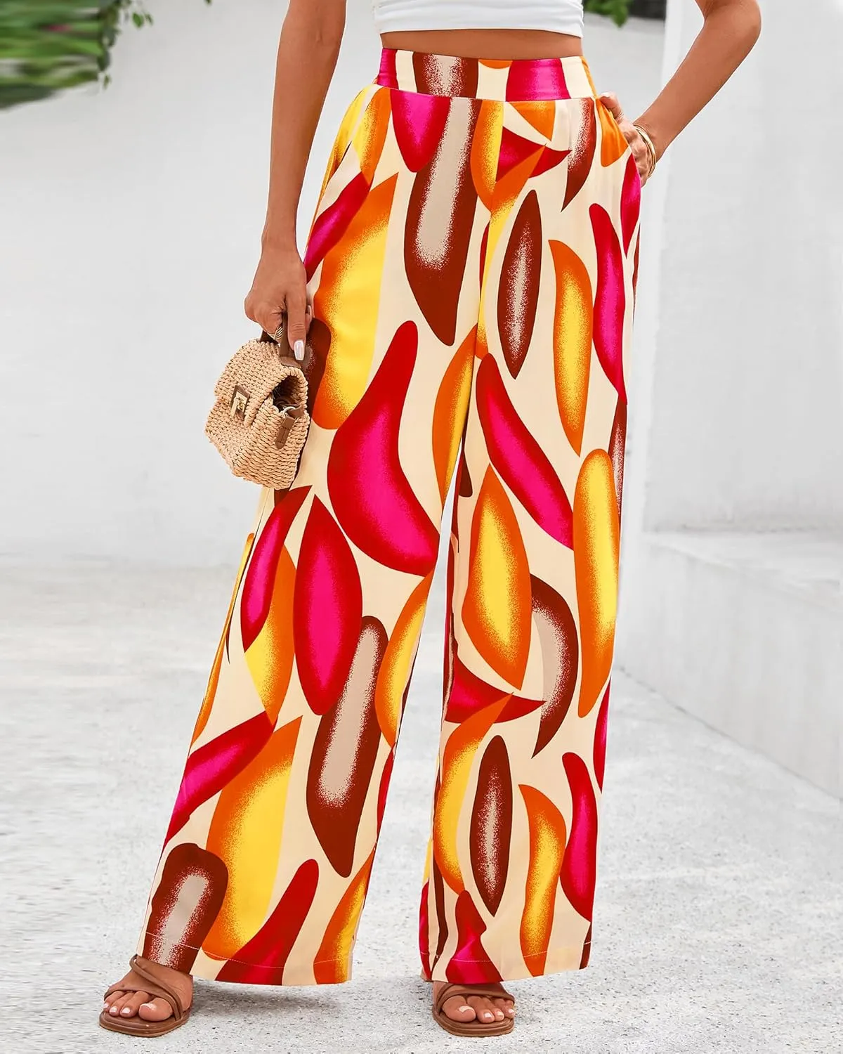 BTFBM Women's Wide Leg Summer Pants 2025 Loose Boho Vacation Trousers Elastic Waist Printed Palazzo Lounge Pant Pockets