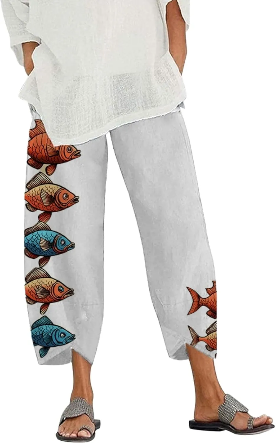 Capris Linen Pants for Women Ocean Japanese Art Printed Baggy Cropped Wide Leg Pallazzo Trousers Pants for Beach