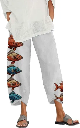 Capris Linen Pants for Women Ocean Japanese Art Printed Baggy Cropped Wide Leg Pallazzo Trousers Pants for Beach