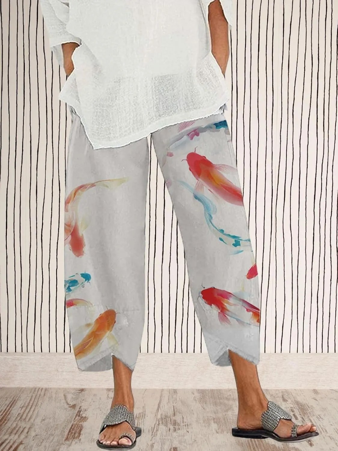 Capris Linen Pants for Women Ocean Japanese Art Printed Baggy Cropped Wide Leg Pallazzo Trousers Pants for Beach