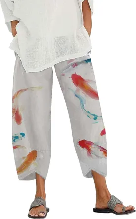 Capris Linen Pants for Women Ocean Japanese Art Printed Baggy Cropped Wide Leg Pallazzo Trousers Pants for Beach