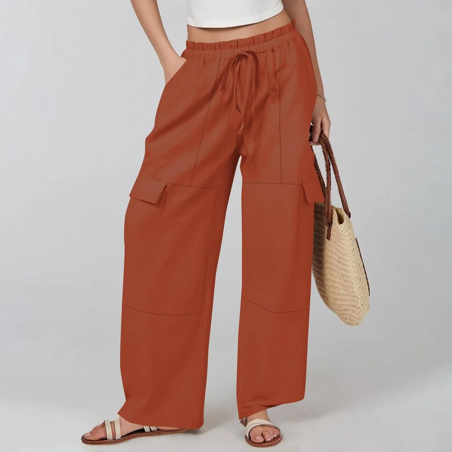 Cotton Linen Pants Women Elastic High Waisted Drawstring Cargo Pants Baggy Wide Leg Pant Casual Beach Pant