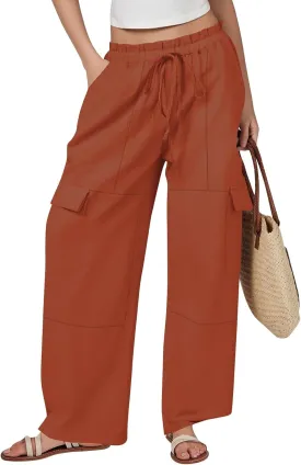 Cotton Linen Pants Women Elastic High Waisted Drawstring Cargo Pants Baggy Wide Leg Pant Casual Beach Pant