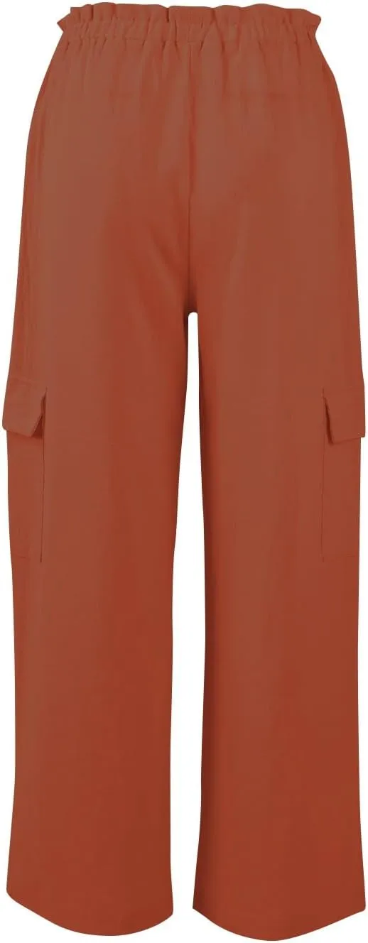 Cotton Linen Pants Women Elastic High Waisted Drawstring Cargo Pants Baggy Wide Leg Pant Casual Beach Pant