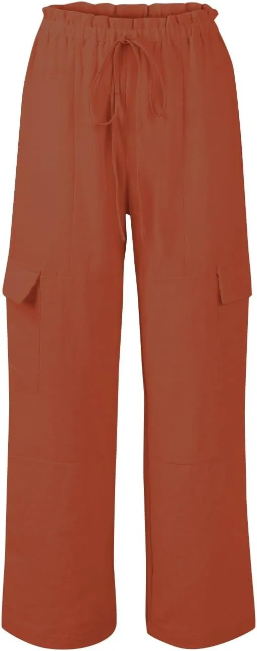 Cotton Linen Pants Women Elastic High Waisted Drawstring Cargo Pants Baggy Wide Leg Pant Casual Beach Pant