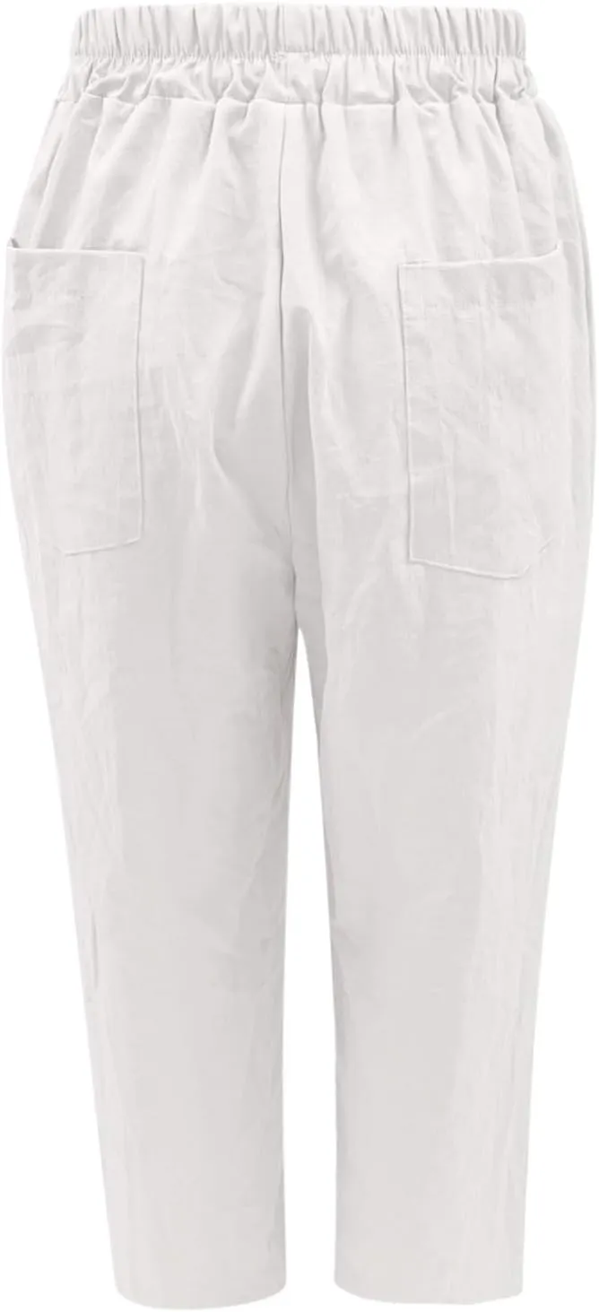 Cotton Linen Pants Women High Waist Drawstring Pants with Cotton Loose Casual Boho Trouser with Pockets