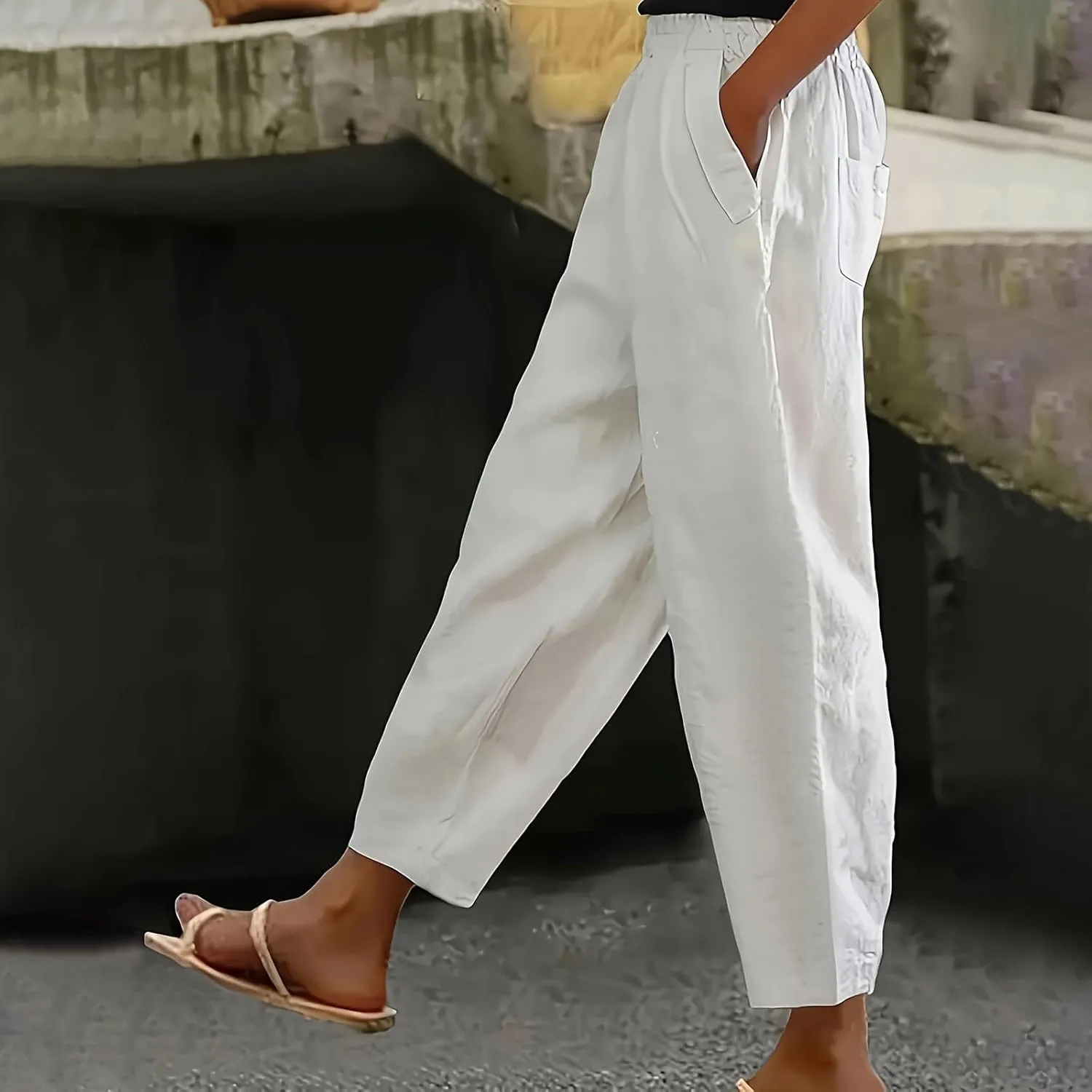 Cotton Linen Pants Women High Waist Drawstring Pants with Cotton Loose Casual Boho Trouser with Pockets