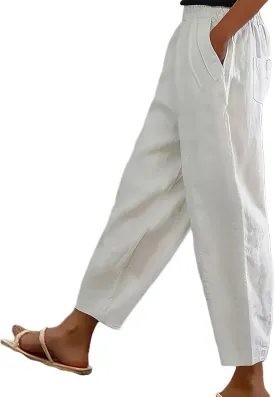 Cotton Linen Pants Women High Waist Drawstring Pants with Cotton Loose Casual Boho Trouser with Pockets