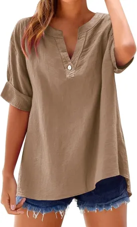 Cotton Linen Shirts for Women 2025 Summer Short Sleeve V Neck Button Down Tops Dressy Casual Oversized Tshirts
