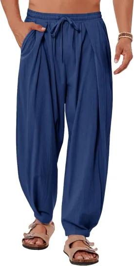 Gafeng Mens Linen Yoga Pants Elastic Waist Drawstring Summer Beach Loose Fit Casual Tapered Trousers