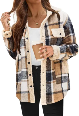 HOTOUCH Womens Fuzzy Fleece Jacket Fall Casual Long Sleeve Collared Sherpa Button Down Shacket Coats Outwear with Pockets, XL Brown