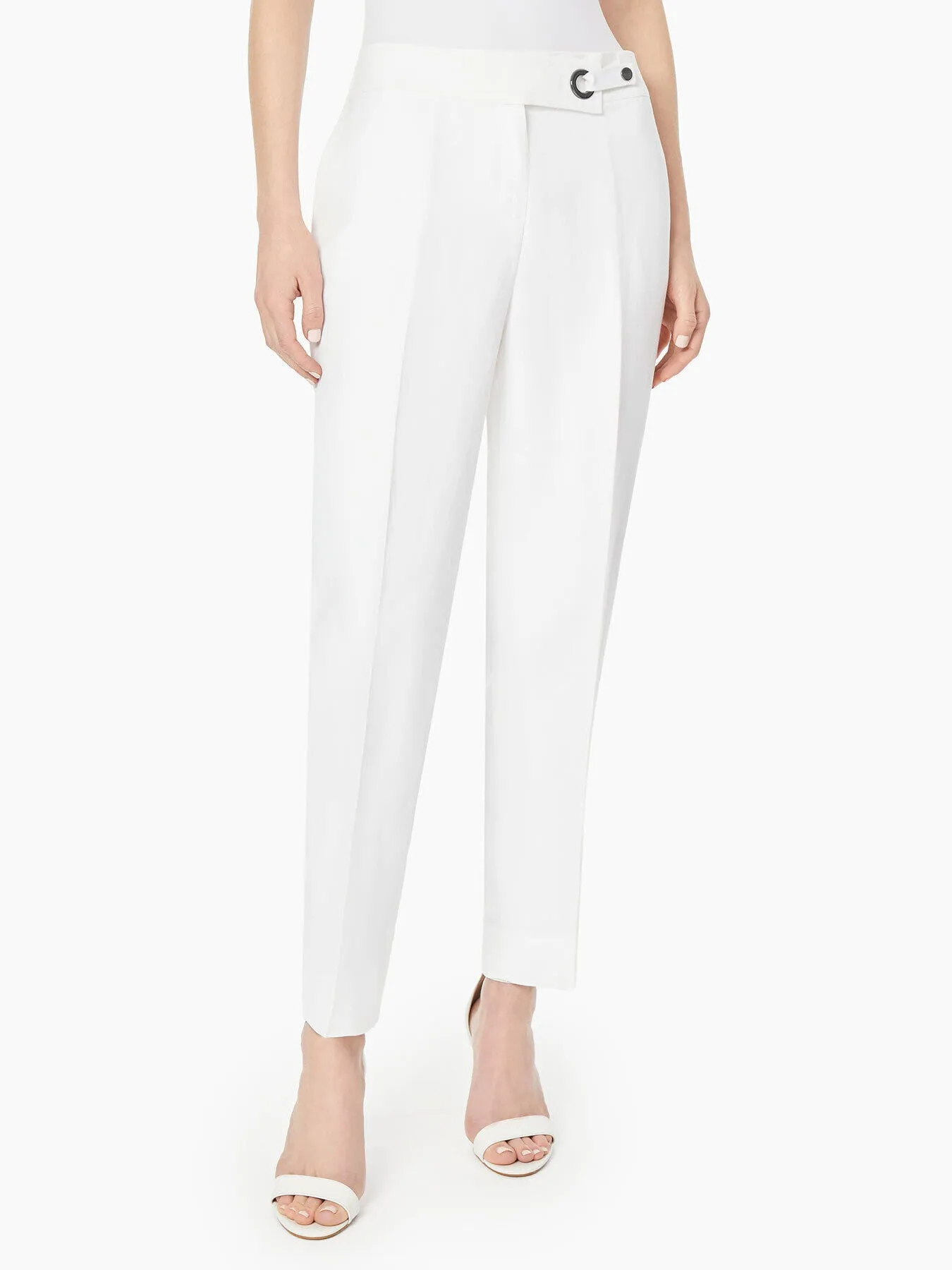 Linen Blend Buckle Detail Straight Leg Pants