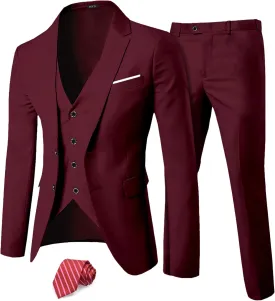 MY'S Men's 3 Piece Slim Fit Suit Set, Two Button Blazer Jacket Vest Pants with Tie, Solid Wedding Dress Tux and Trousers