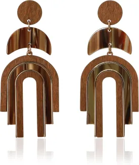 Ozel - Natural Wooden Acrylic Boho Drop Dangle Earrings for Women - Geometric Statement Jewellery - Brown, Black, Magent Red, Olive Green, White beige