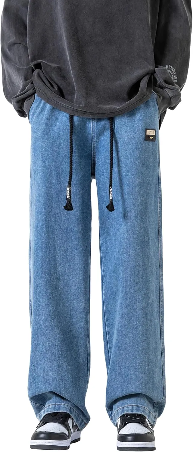 PRIJOUHE Mens Loose Fit Jeans Elastic Waist Wide Leg Baggy Jean Cargo Pants Trousers