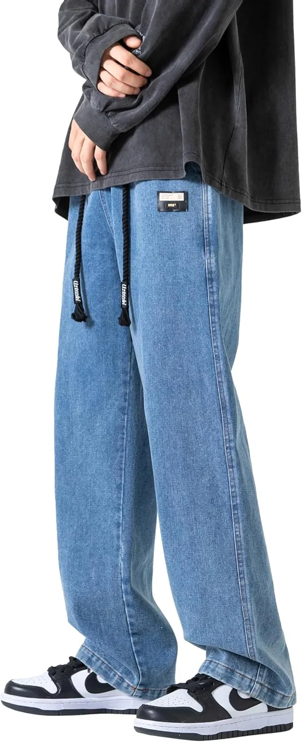 PRIJOUHE Mens Loose Fit Jeans Elastic Waist Wide Leg Baggy Jean Cargo Pants Trousers