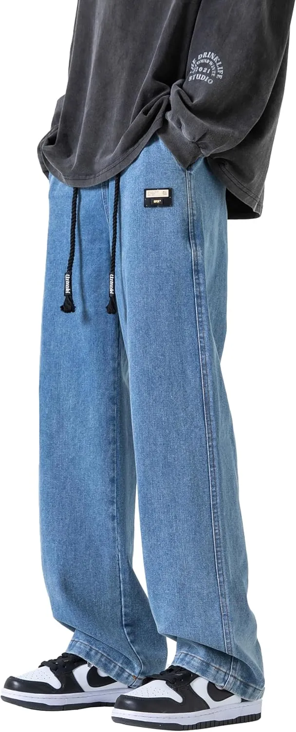 PRIJOUHE Mens Loose Fit Jeans Elastic Waist Wide Leg Baggy Jean Cargo Pants Trousers