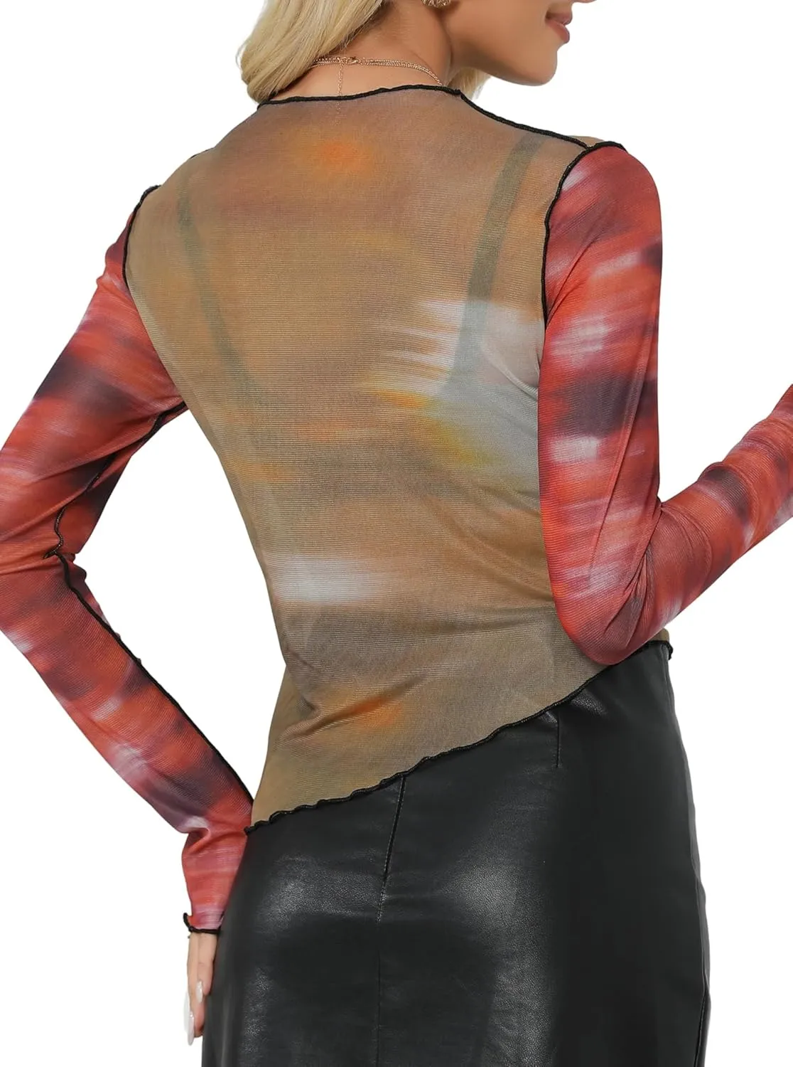 Remidoo Women's Mesh Top Long Sleeve Sheer Asymmetrical Crop Tops Patchwork Shirt Green Red Medium