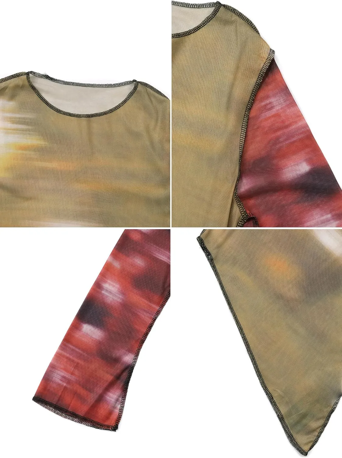 Remidoo Women's Mesh Top Long Sleeve Sheer Asymmetrical Crop Tops Patchwork Shirt Green Red Medium