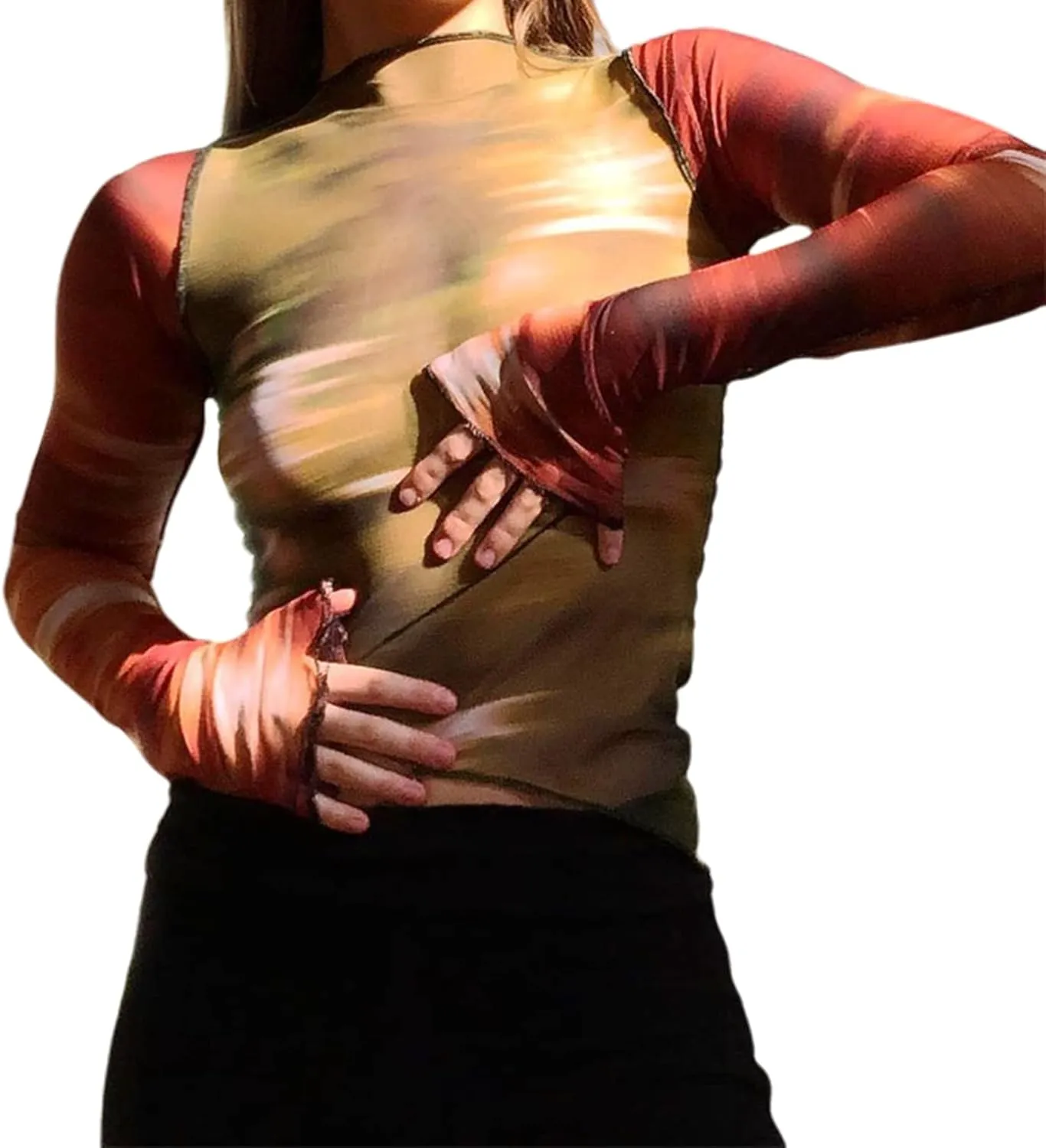 Remidoo Women's Mesh Top Long Sleeve Sheer Asymmetrical Crop Tops Patchwork Shirt Green Red Medium