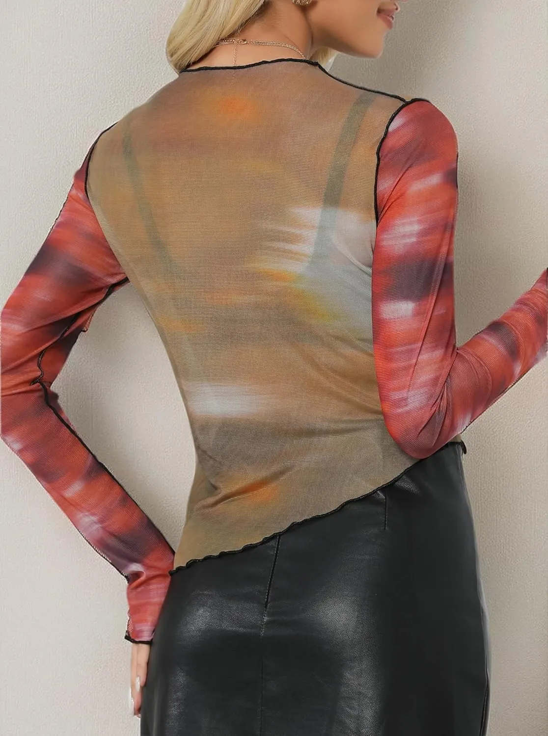 Remidoo Women's Mesh Top Long Sleeve Sheer Asymmetrical Crop Tops Patchwork Shirt Green Red Medium