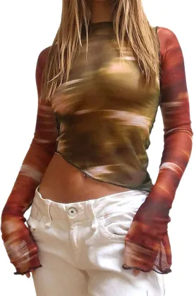 Remidoo Women's Mesh Top Long Sleeve Sheer Asymmetrical Crop Tops Patchwork Shirt Green Red Medium