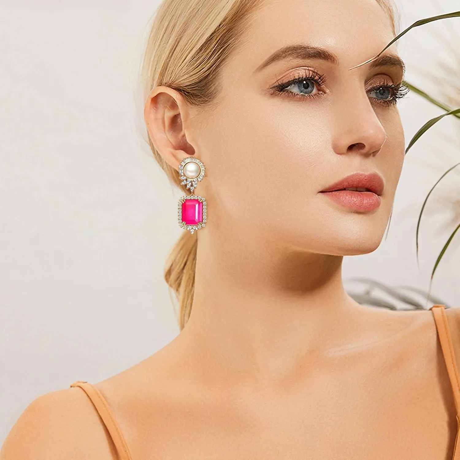 S925 Sterling Silver Emerald Green Pink Crystal Dangle Drop Earrings for Women Vintage Pearl Cubic Zirconia Wedding Bridal Emerald Cut Earrings