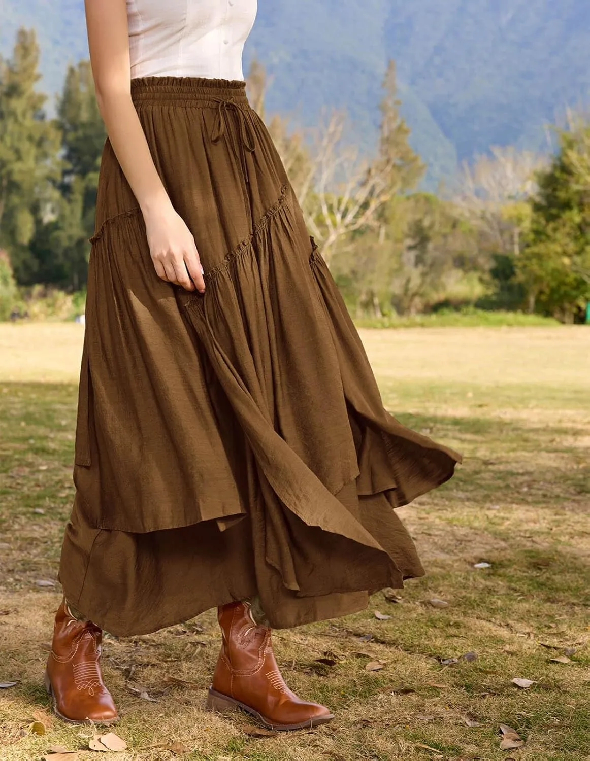 Scarlet Darkness Women Renaissance Layered Long Skirt Elastic High Waist Tiered Skirt with Pockets