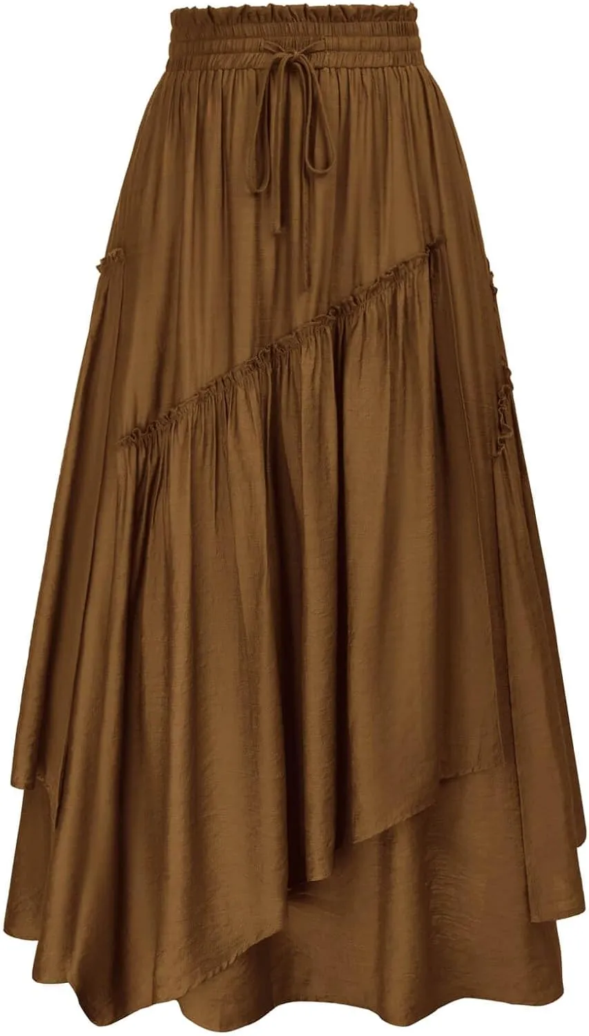 Scarlet Darkness Women Renaissance Layered Long Skirt Elastic High Waist Tiered Skirt with Pockets