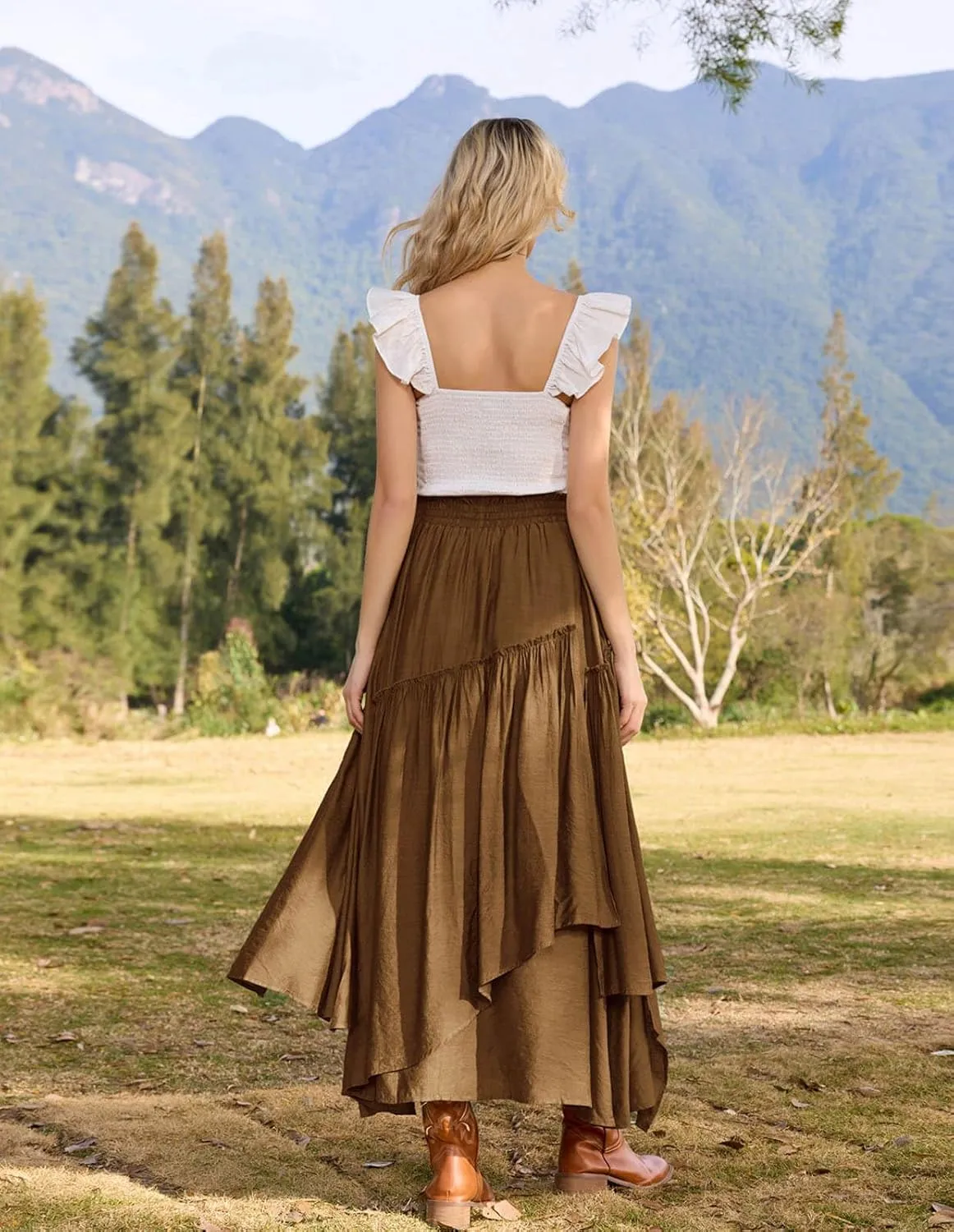 Scarlet Darkness Women Renaissance Layered Long Skirt Elastic High Waist Tiered Skirt with Pockets