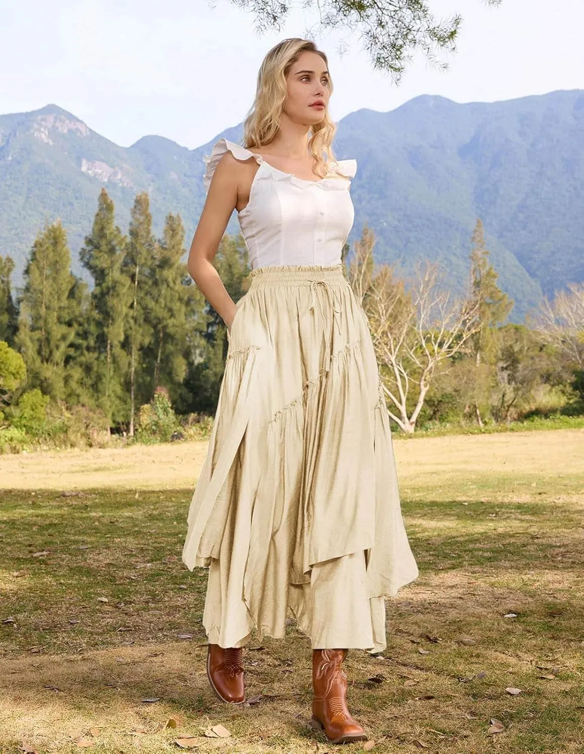 Scarlet Darkness Women Renaissance Layered Long Skirt Elastic High Waist Tiered Skirt with Pockets