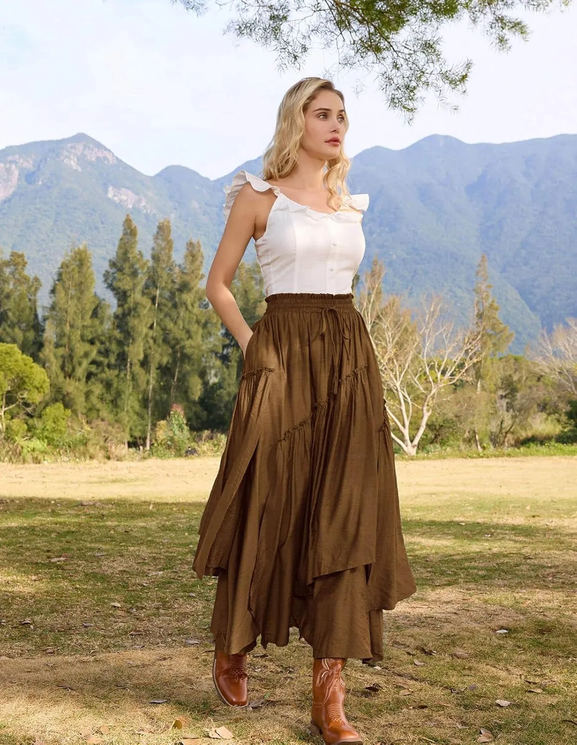 Scarlet Darkness Women Renaissance Layered Long Skirt Elastic High Waist Tiered Skirt with Pockets