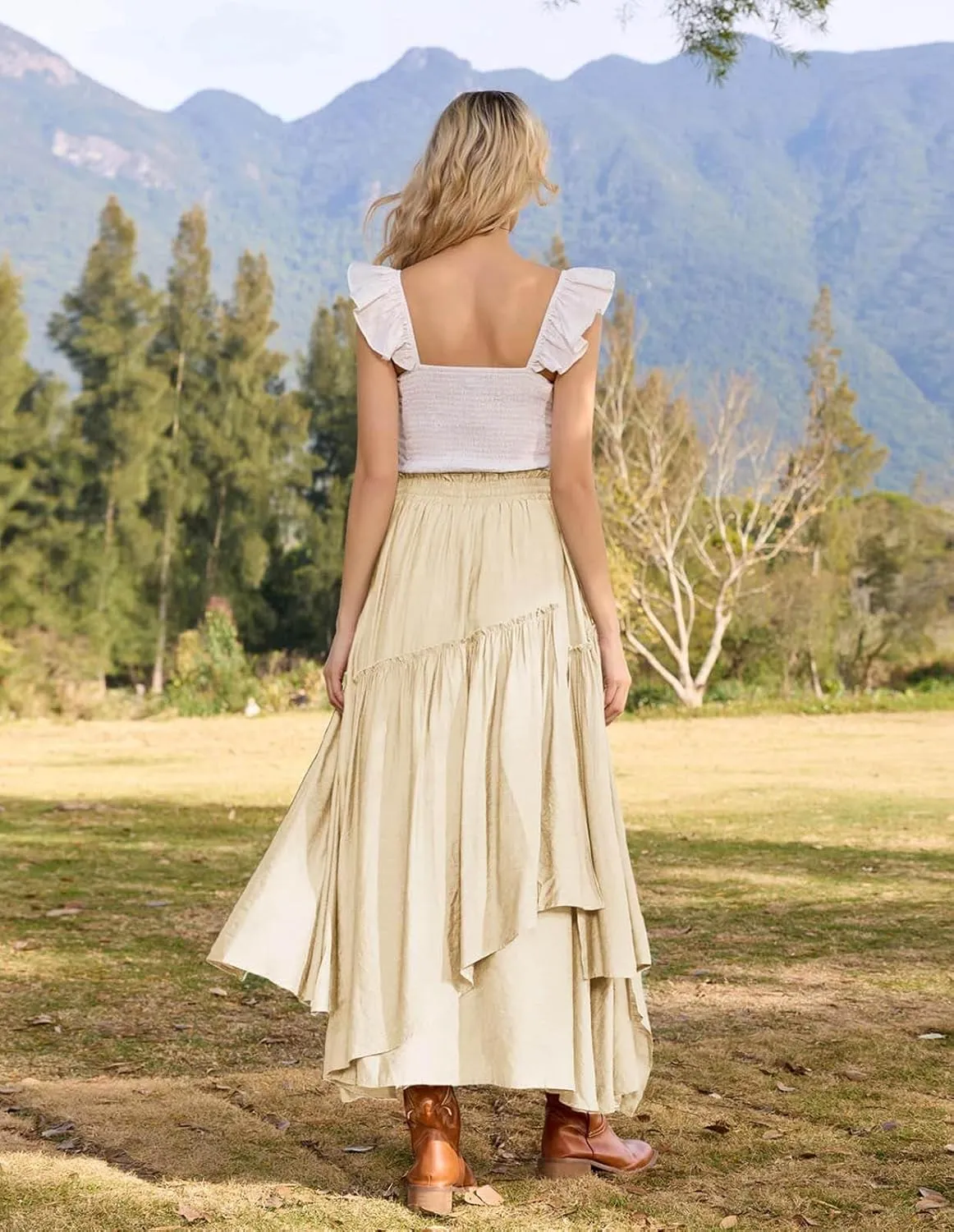 Scarlet Darkness Women Renaissance Layered Long Skirt Elastic High Waist Tiered Skirt with Pockets