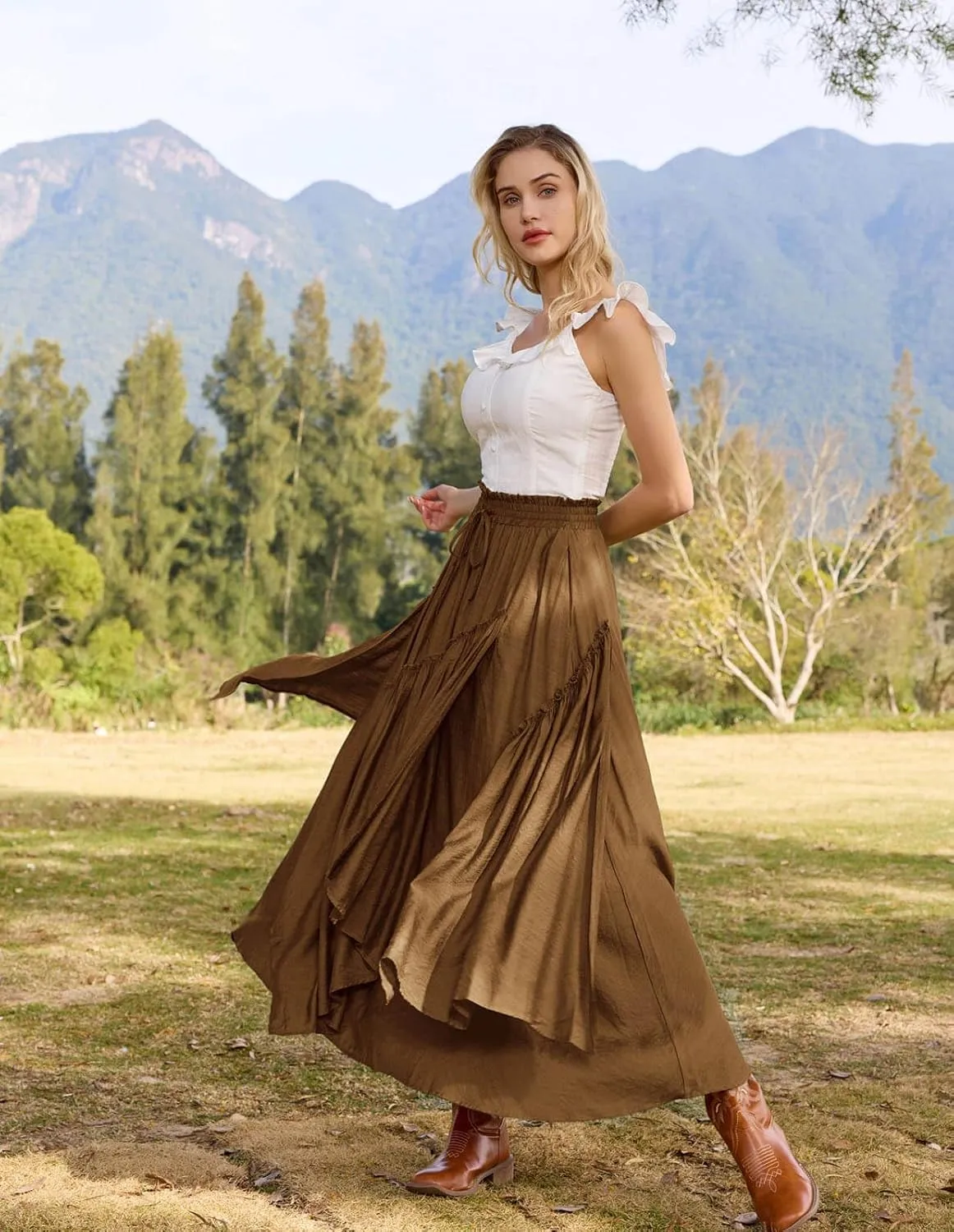 Scarlet Darkness Women Renaissance Layered Long Skirt Elastic High Waist Tiered Skirt with Pockets
